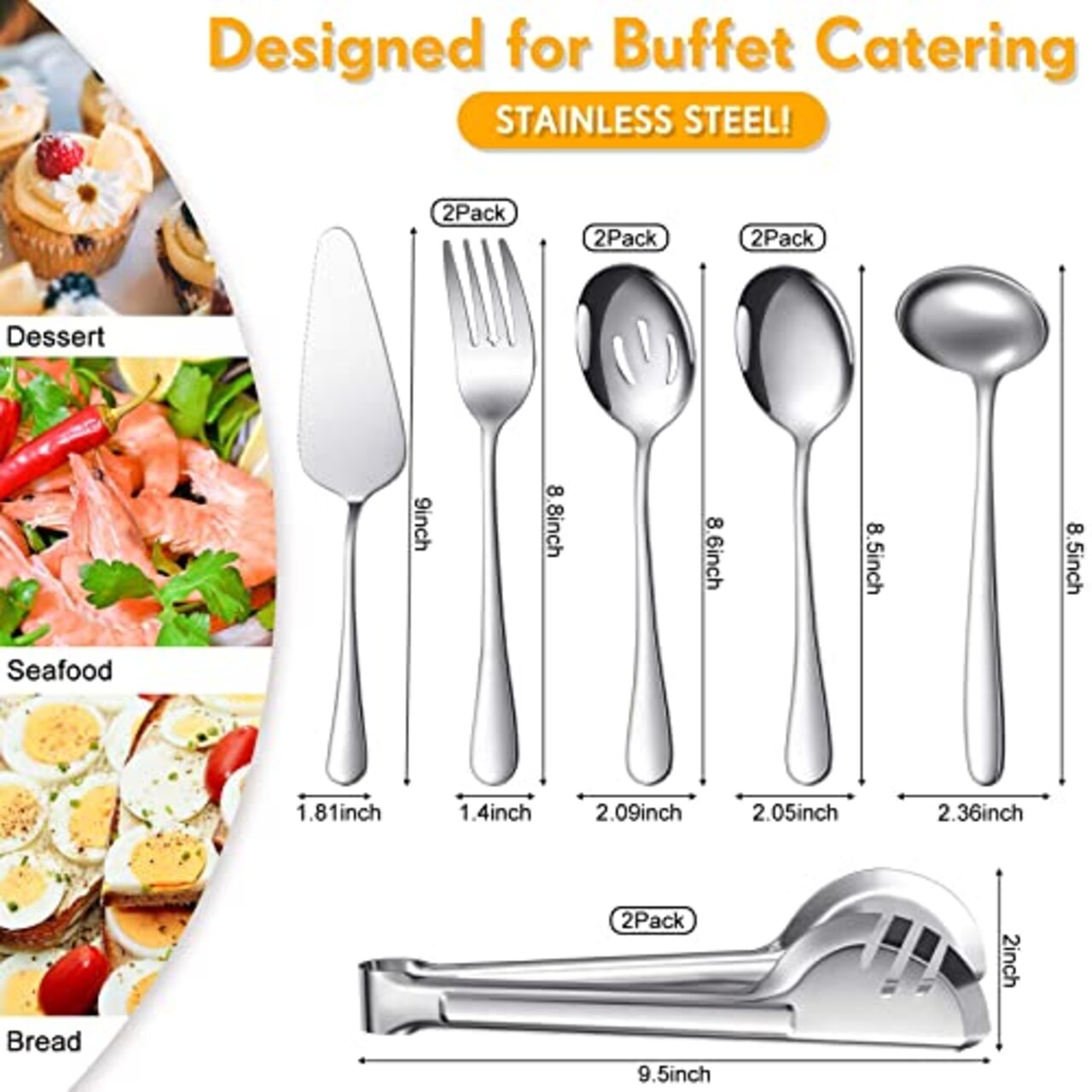 10 Pck Serving Utensils Include Large Serving Spoons Slotted Serving Spoons Serving Forks Serving Tongs Soup Ladle and Pie Server Buffet Catering Serving Utensils for Dishwasher Safe (Silver,10 Pieces)